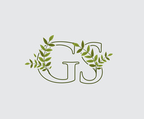 Letter G, S and GS Green Vintage Floral Logo Icon, overlapping monogram logo. Nature Green Leaves Letter Logo Icon.