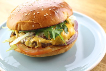 Delicious classic burger isolated on a white plate.