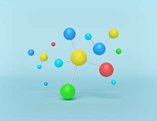 minimal science concept. Abstract colorful Molecules isolated on pastel blue background. 3d rendering