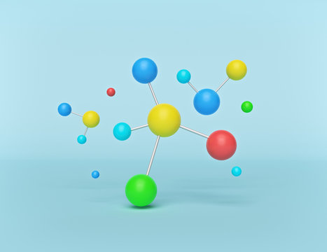 minimal science concept. Abstract colorful Molecules isolated on pastel blue background. 3d rendering © FOTOSPLASH