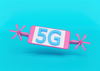 minimal 5G speed concept. flying pink smartphone with 5G wireless internet communication isolated on blue background. 3d rendering