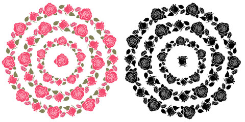 Vector set of colorful and colorless floral wreaths made of rosebud silhouettes isolated on white background. Romantic flower garlands for wedding design and invitations. Round frames with roses.