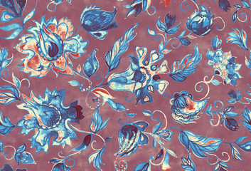 Paisley watercolor floral pattern tile:  flowers, flores, tulips, leaves. Oriental indian traditional hand painted water color whimsical seamless print, ceramic design. Abstract india batik background