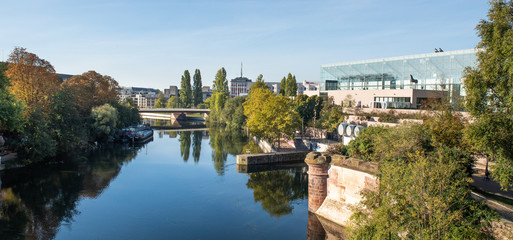 Fototapeta na wymiar Strasbourg, Alsace, France. Medieval bridge Ponts Couverts and Barrage Vauban.
