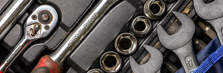 Men tools background. Worker tools and  equipments close-up. Panoramic banner. 