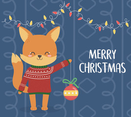 merry christmas celebration cute fox with sweater holding ball and lights decoration