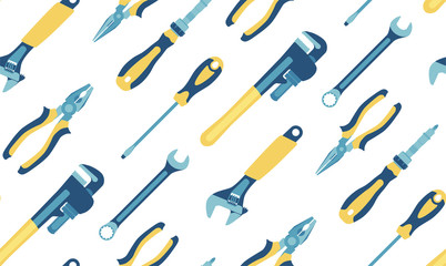 Tools: screwdrivers, pliers, pipe wrenches, spanners. Seamless pattern. Vector.