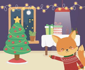 merry christmas celebration cute fox season party night lights tree gifts