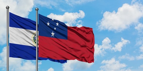 El Salvador and Samoa flag waving in the wind against white cloudy blue sky together. Diplomacy concept, international relations.