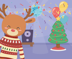 merry christmas celebration cute reindeer with speaker tree disco ball balloons