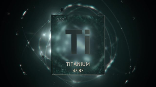 Titanium as Element 22 of the Periodic Table. Seamlessly looping 3D animation on green illuminated atom design background with orbiting electrons. Design shows name, atomic weight and element number