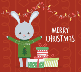 merry christmas celebration cute rabbit with sweater gift boxes and lights