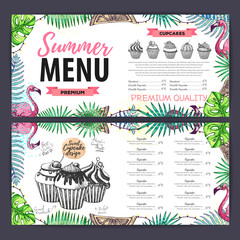 Hand drawing summer menu design with flamingo and tropic leaves. Restaurant menu