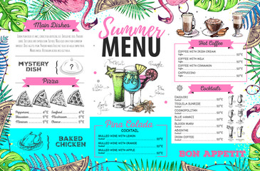 Hand drawing summer menu design with flamingo and tropic leaves. Restaurant menu