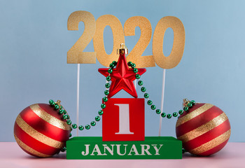 January 1st 2020 still life composition concept with decorations and copy space