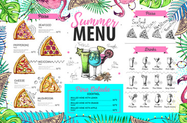 Obraz premium Hand drawing summer menu design with flamingo and tropic leaves. Restaurant menu