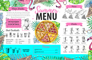 Hand drawing summer menu design with flamingo and tropic leaves. Restaurant menu