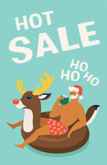 Santa Claus wearing a deer swim ring. Tropical Christmas. Summer Santa. Vector illustration.