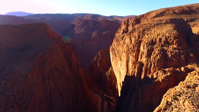 Flying over Dades canyon. sunny day. Tinghir, Morocco