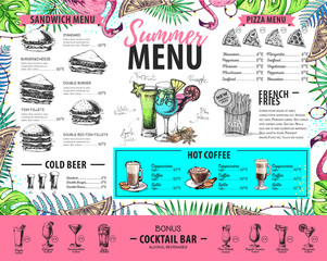 Hand drawing summer menu design with flamingo and tropic leaves. Restaurant menu
