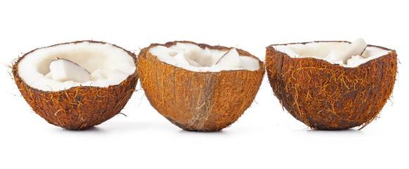 Coconut pieces pile isolated on white background