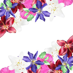 Beautiful floral background of clematis, lilies and petunias. Isolated