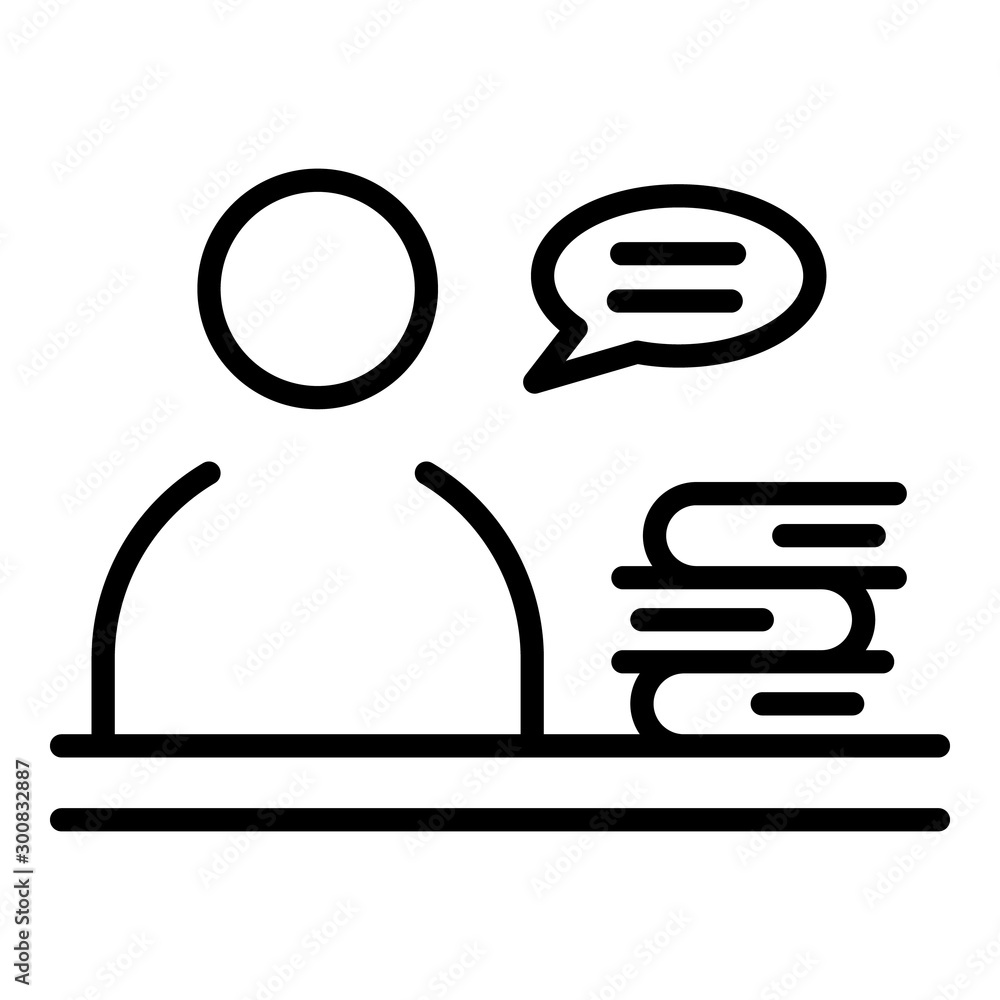 Poster man near the stack of books icon. outline man near the stack of books vector icon for web design iso