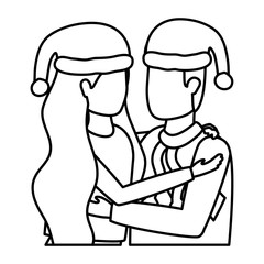 young lovers couple with christmas hat characters