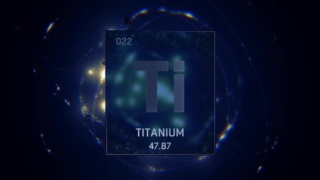 Titanium as Element 22 of the Periodic Table. Seamlessly looping 3D animation on blue illuminated atom design background with orbiting electrons. Design shows name, atomic weight and element number
