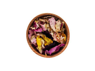 Dried rose petals in a wooden Cup on a white background