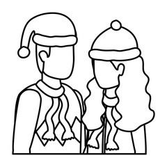 young lovers couple with christmas hat characters