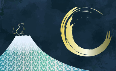 新年の富士山とねずみの手描きイラスト素材　ベクター　子年　2020　年賀状　正月