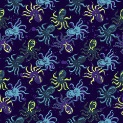 Fototapeta na wymiar Abstract seamless vector sea pattern for girls, boys, clothes. Creative background with Octopus,Funny wallpaper for textile and fabric. Fashion style. Colorful bright