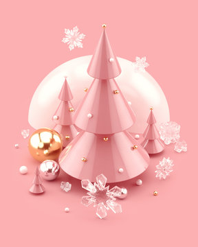 Christmas 3D abstract illustration with decorated Christmas trees and ice snowflakes. For Xmas posters, greeting cards, invitations, and banners. 3d rendering.