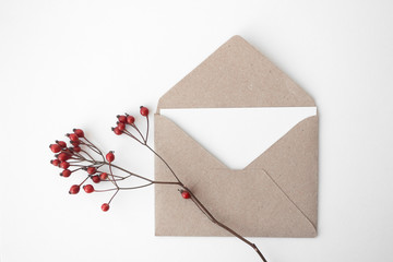 Letter in craft paper envelope and red berry on white background, isolated. Horizontal format, top...