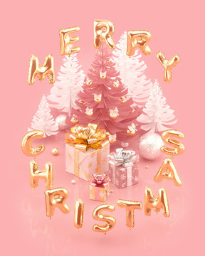 Merry Christmas poster with gift boxes and foil balloons lettering. Christmas and new year concept. 3D rendering.