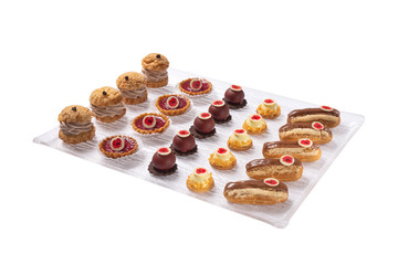 Group of french dessert Eclair on white background.