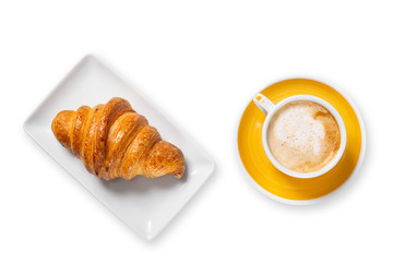 cup of coffee and croissants isolated on white background