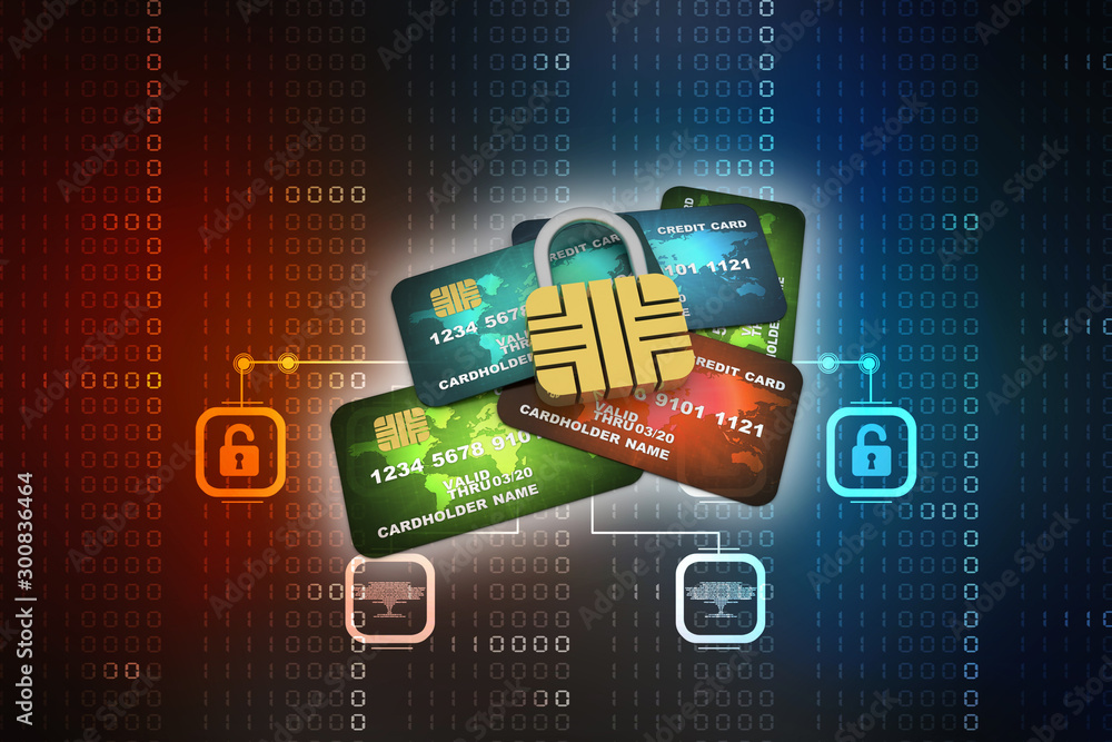 Poster 3d render Sim card with padlock in debit card