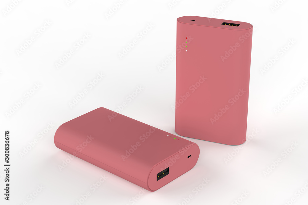 Wall mural Portable external rechargeable mobile device battery charger. USB power bank for smartphones and tablet computers charging isolated on white background. 3D illustration