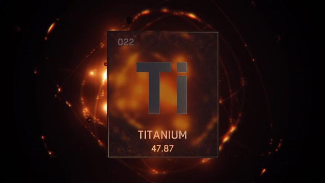 Titanium as Element 22 of the Periodic Table. Seamlessly looping 3D animation on orange illuminated atom design background with orbiting electrons. Design shows name, atomic weight and element number