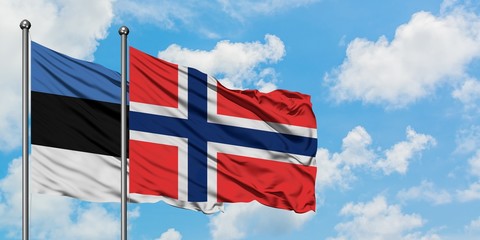 Estonia and Bouvet Islands flag waving in the wind against white cloudy blue sky together....