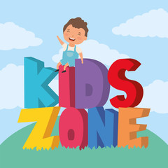 little boy with kids zone lettering in the field