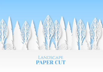 Winter landscape with snowy trees. Bushes and trees in the snow. Paper cut poster with place for text. Park panorama