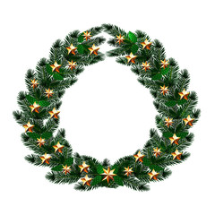 Fototapeta na wymiar Christmas, New Year. Dark green branches of spruce in the form of a Christmas wreath with gold stars. illustration