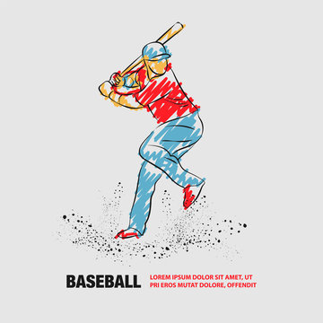 Baseball player with a bat. Vector outline of Baseball player with scribble doodles.
