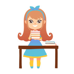 Girl with books table isolated on a white background light