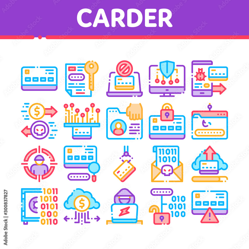 Aufkleber carder hacker collection elements icons set vector thin line. carder silhouette and smartphone, bug 
