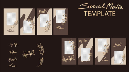 Trendy editable stories templates with gold flowers, vector illustration. Design backgrounds for social media stories. highlight covers.