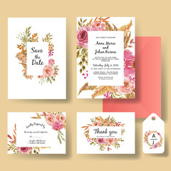 wedding invitation romantic sweet set of watercolor flower pink and peach